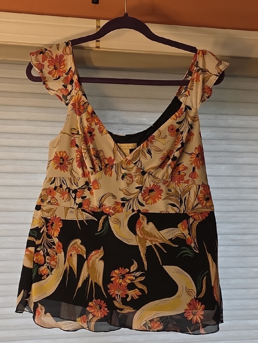 Floral & Bird Print V-Neck Women's Top - Cream & Black